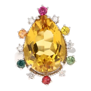 12.25 Carat Pear Cut Citrine Sapphire Diamond Yellow Gold Cocktail Ring Size 7