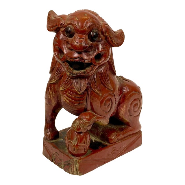 19th Century Chinese Red Lacquered Wooden Foo Dog For Sale
