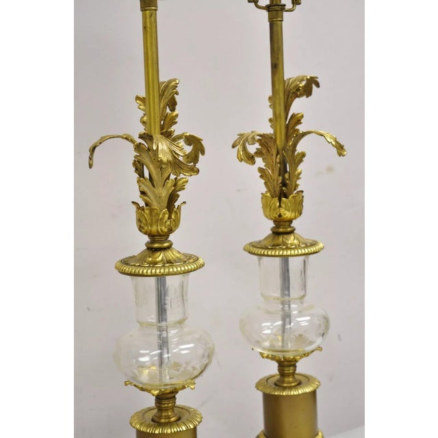 French Vintage French Louis XV Style Brass & Crystal Urn Table Lamps - A Pair For Sale - Image 3 of 12