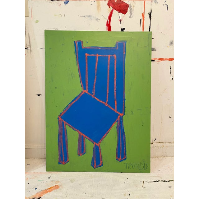 A singular, abstracted chair in bold geometric shapes. 40 x 30 x .75 (standard depth canvas). Edges painted the same green...
