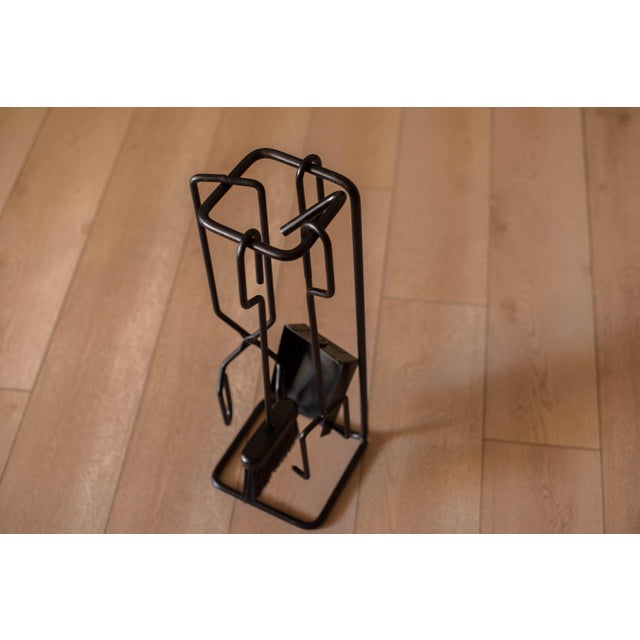 Metal Mid Century Modern Sculptural Four Piece Black Cast Iron Fireplace Tool Set For Sale - Image 7 of 8