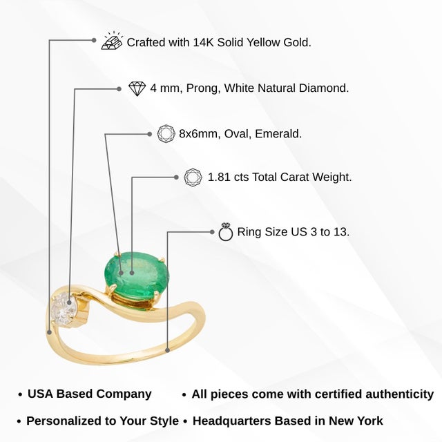 14k Yellow Gold 1.41ct Natural Oval Emerald & Diamond Wavy Toi Et Moi Ring Size 4 For Sale - Image 13 of 18