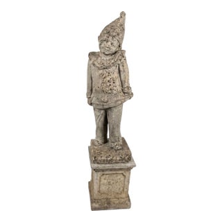 Vintage Cast Stone Pierrot Garden Statue on Pedestal For Sale