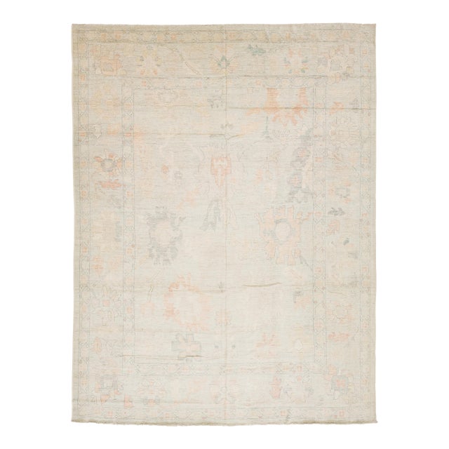 Soft Pastel Modern Oushak Style Hand-Knotted Wool Area Rug 12x15 For Sale