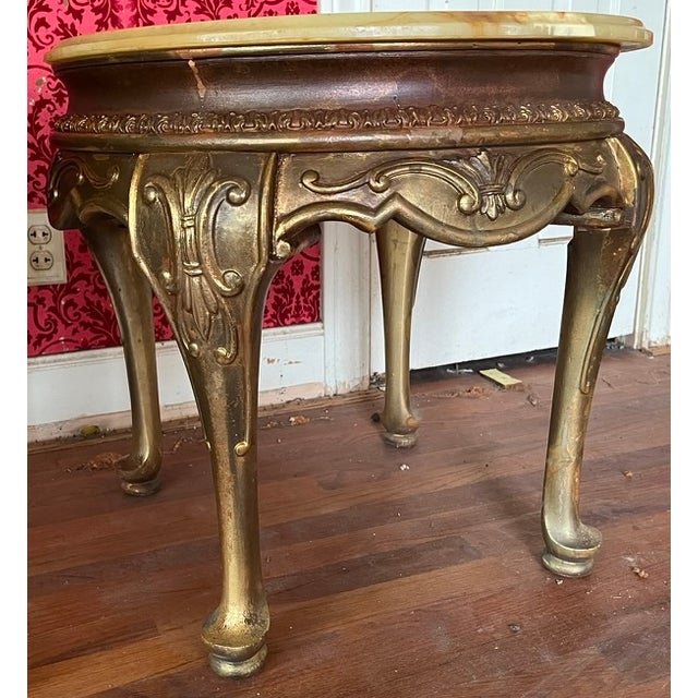 Hollywood Regency Vintage Hollywood Regency Round Onyx-Top Side Tables (2) | Gilt Carved Base | Mid-Century For Sale - Image 4 of 10
