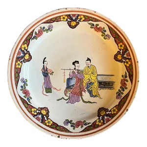 Antique 19th Century Delft Tin Glaze Faience Round Charger Platter Decorated With Chinoiserie Famille Rose Court Scene