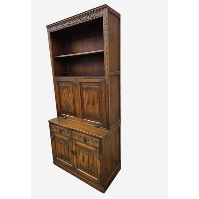 Vintage Oak Wood Bros Desk Cabinet Tudor Shelf Hutch Bookshelf Old Charm Leather For Sale - Image 18 of 18