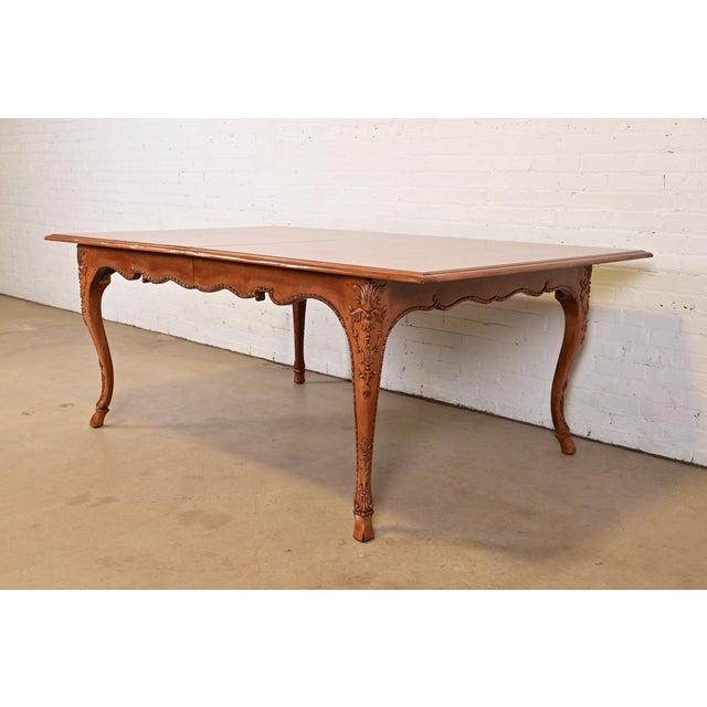 Baker Furniture Italian Provincial Carved Cherry and Burl Wood Extension Dining Table, Newly Refinished For Sale - Image 9 of 17