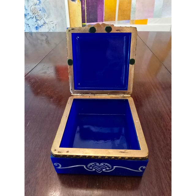 Glass 1910s Antique Blue Opaline Jewel Box With Enamel Love Scene For Sale - Image 7 of 11