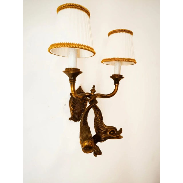 Bronze Wall Lights with Fish and Silk Lampshades For Sale - Image 9 of 10