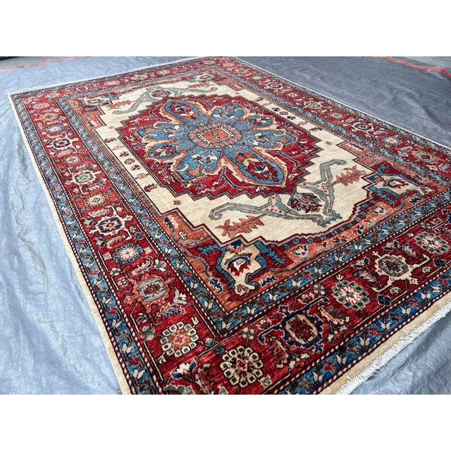 Antique Style Persian Serapi Handmade Light Blue, Ivory & Rusty Red Rug For Sale - Image 4 of 12