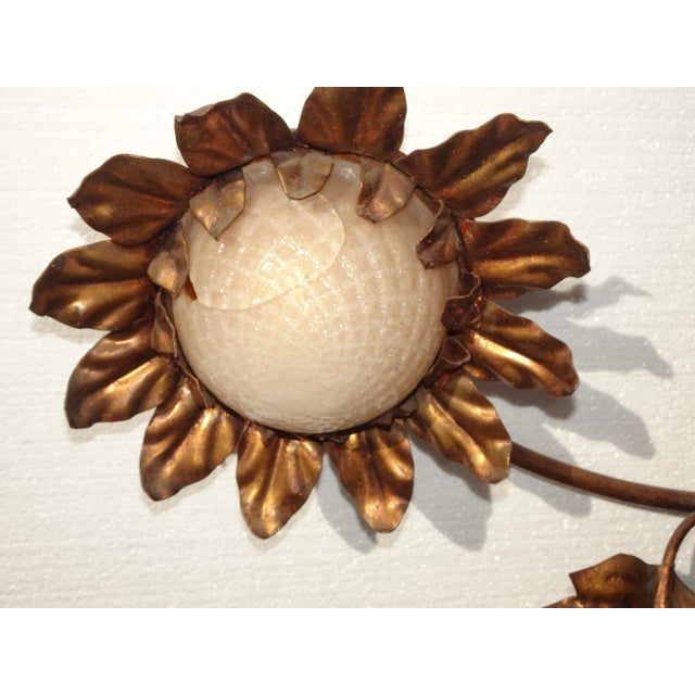 Metal Large 1960's Hollywood Regency Wall Light Gilt Gold Tole Five Arm Sunflower Made Italy For Sale - Image 7 of 12