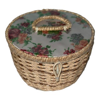 Vintage Wicker Woven Sewing Basket With Lid For Sale