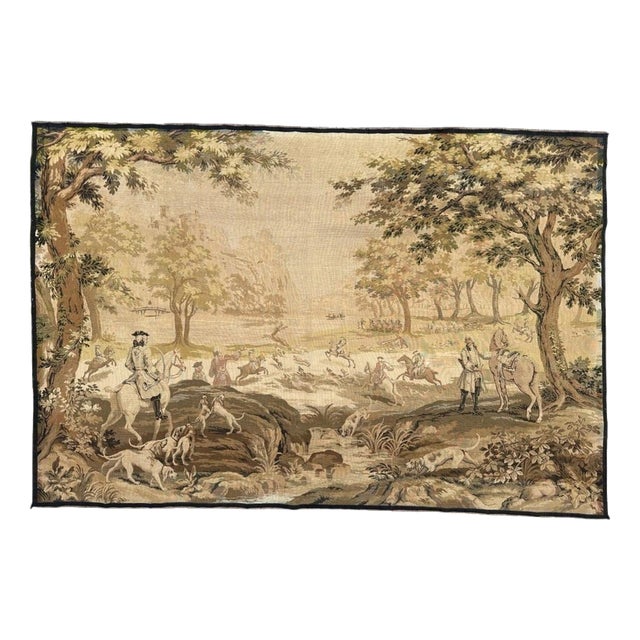 Large Vintage French Hunting with Hounds Jacquard Tapestry in the style of Aubusson, 1970s For Sale