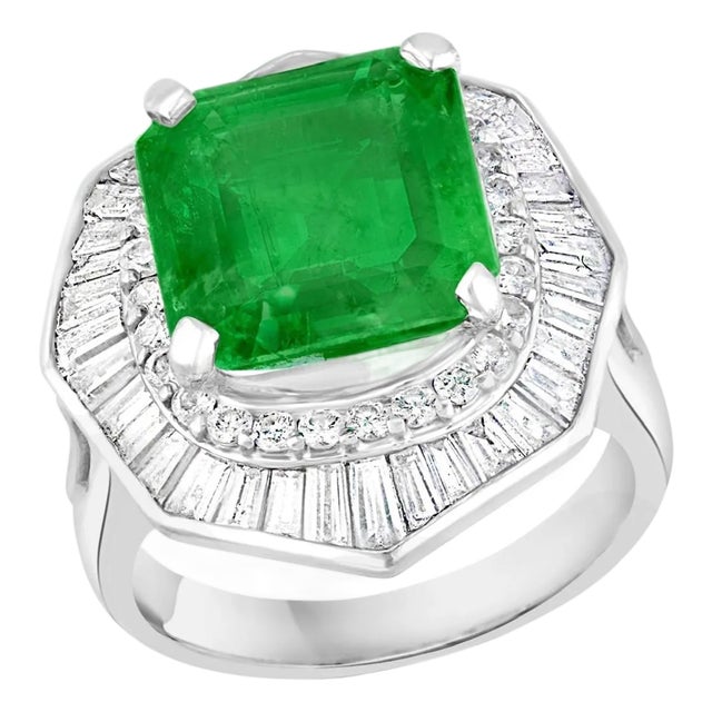 6.5 Carat Emerald Cut Colombian Emerald and 2.4 Carat Diamond Ring Platinum For Sale