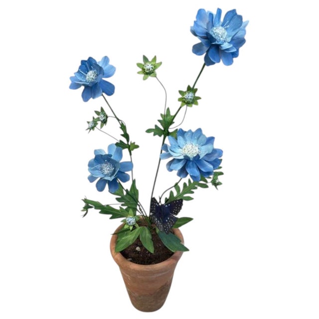 Hand-Crafted Metal Blue Botanical Arrangement in Aged Terracotta Pot For Sale - Image 4 of 12