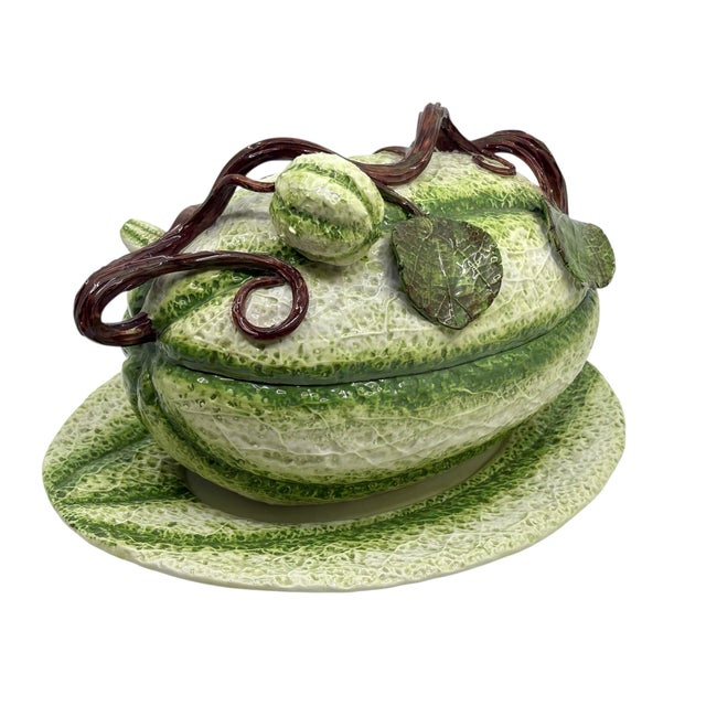 Vintage Italian Majolica Green Stipe Melon Tureen Tablescape Decor For Sale In New York - Image 6 of 12