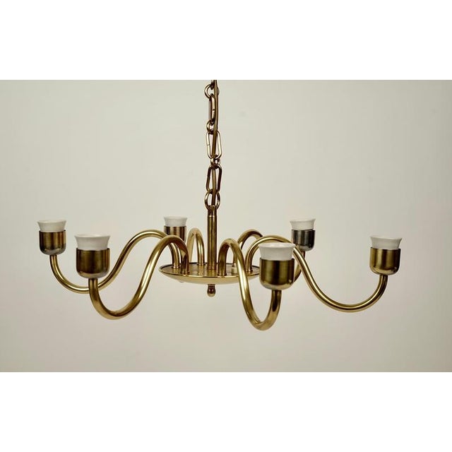 White Six-Arm Chandelier in Brass with Silk Shades by Josef Frank for Oswald Haerdtl, 1935 For Sale - Image 8 of 16
