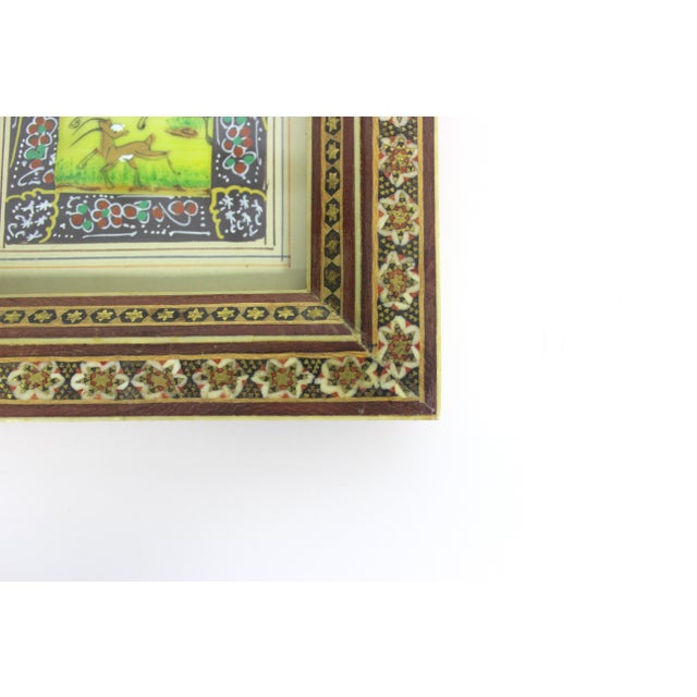 Persian Vintage Miniature Hunting Painting in Persian Khatam Picture Frame With Bone, Wood and Brass Inlay, Table Top Easel Inlaid For Sale - Image 3 of 12