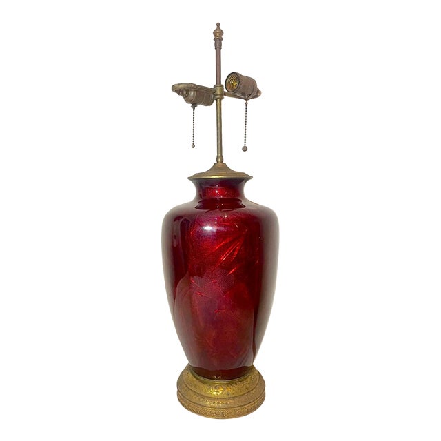 Share Huge Antique Japanese Ginbari Red Foil Enamel Tooled Bronze Guilloche Vase Lamp For Sale