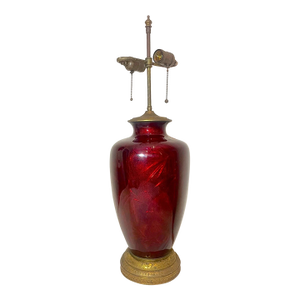 Share Huge Antique Japanese Ginbari Red Foil Enamel Tooled Bronze Guilloche Vase Lamp