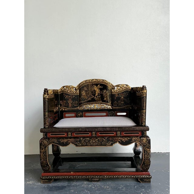 Wood Vintage Chinese Lacquered Throne Chair For Sale - Image 7 of 18