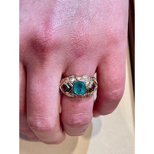 Oval Emerald , Pink Tourmaline Diamond Ring 18 Karat Yellow Gold, Size 6.5 For Sale - Image 9 of 18