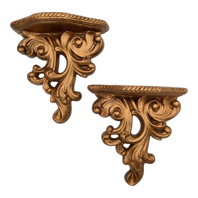 1980s Italian Baroque French Rococo Gold Gilt Plaster Wall Brackets - a Pair For Sale