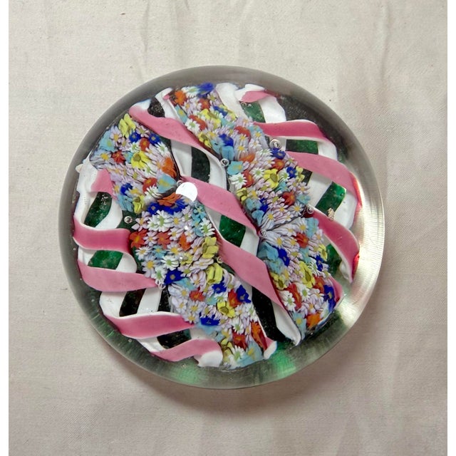 Glass Vintage Hand Blown Italian Murano Art Studio Glass Millefiori Paperweight Ribbon For Sale - Image 7 of 13