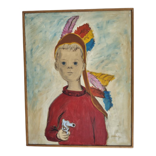 Mid Century Modernist Oil Portrait Painting by Woodstock Art Colony Artist Carolyn Haeberlin 1956 "Indian" For Sale