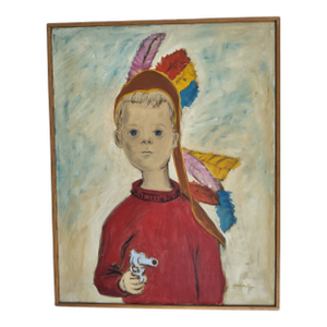 Mid Century Modernist Oil Portrait Painting by Woodstock Art Colony Artist Carolyn Haeberlin 1956 "Indian"