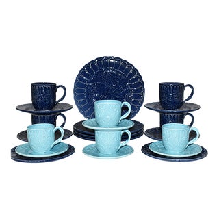 Circa 1988 Vintage Blue & Turquoise 22 Piece Dinnerware Set Dinner Luncheon Plates Mugs Saucers For Sale