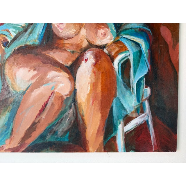 Red 1983 Marcia Davis “Seated Nude With Blue Robe” Mixed Media Oil on Canvas Painting – Unframed For Sale - Image 8 of 12