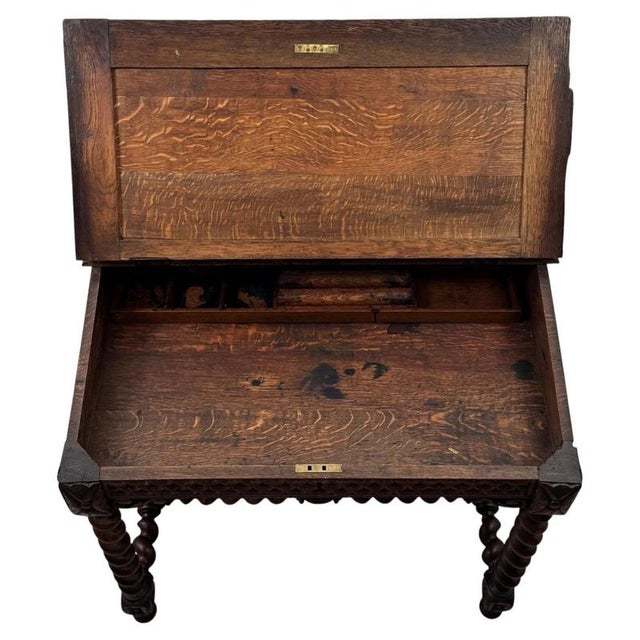 19th Antique Century English Victorian Carved Oak Writing Table with Leather Top For Sale - Image 3 of 11