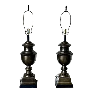 Vintage Table Lamps in Brass Urn Shape With Black Base, a Pair