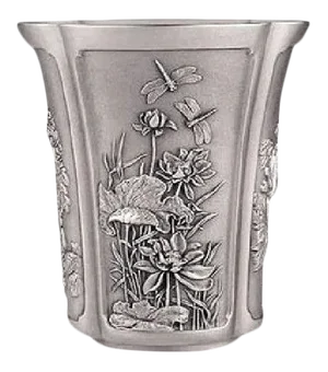 1990s 90s Japanese Flowers of the Four Seasons Motif Pewter Vase Ice Bucket in Metal Chinese Asian