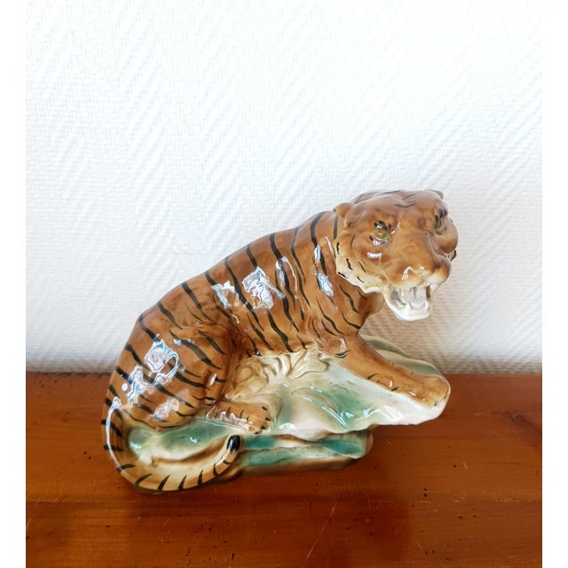 Glazed ceramic sculpture, circa 1950, depicting a roaring tiger. Numbered on the reverse. In perfect condition, with...