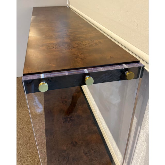 Revelation Modern Burl Wood and Acrylic Apparition Console Table For Sale - Image 4 of 7