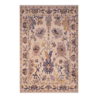 Boho Chic Oushak Georgett Beige/Blue Wool Rug - 5'8'' X 8'4'' For Sale