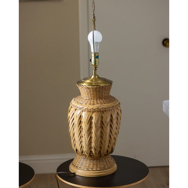 Large 1970s Bohemian Modern Woven Wicker Urn Lamps - A Pair For Sale - Image 10 of 11