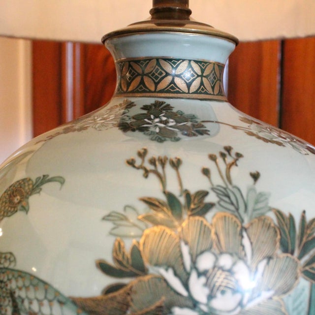 Large Japanese Celadon Blue and Gilt Peacock Vase Adapted Into a Lamp For Sale - Image 6 of 16