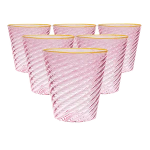 Celerie Kemble Glassware for Chairish Twisty Cups in Fuschia with Yolk Yellow Rim, Set of 6