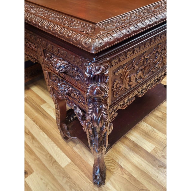 Wood Museum 19th C Chinese Dragon Carved Mahogany Dragon Partners Desk For Sale - Image 7 of 10