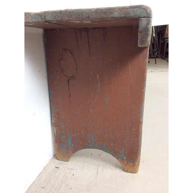 Antique Primitive Farmhouse Wood Bench With Chippy Paint Patina For Sale - Image 13 of 18