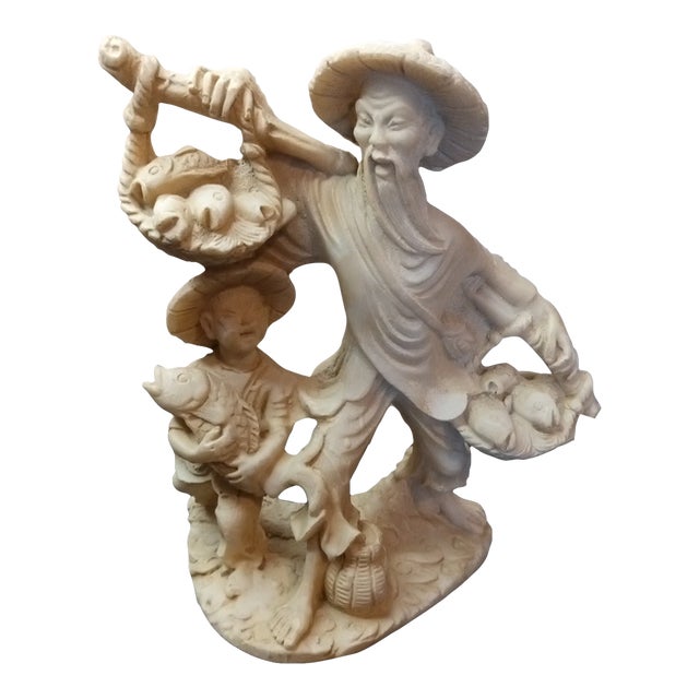 Exquisite 1950 Alabaster Fisherman & Grandson Sculpture Made in Mexico For Sale