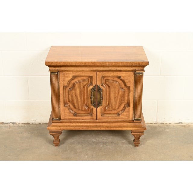 Mid-Century Modern Karges Style French Regency Louis XVI Carved Fruitwood Bedside Chest or Nightstand, Circa 1960s For Sale - Image 3 of 13