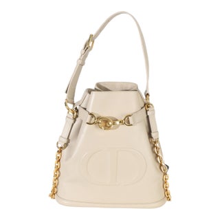 Beige Calfskin CD Embossed Medium Cest Bucket Bag For Sale