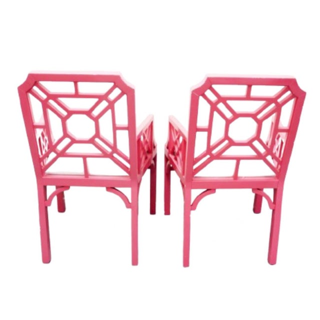 Lee Jofa Fabulous Lilly Pulitzer Pink Chinese Chippendale Dining Arm Chairs or Accent Chairs - A Pair For Sale - Image 4 of 7