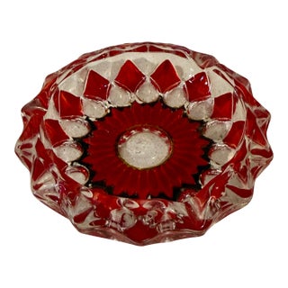 Vintage French Ruby Red & Clear Art Glass Ashtray With Dark Green Accent Detailing For Sale