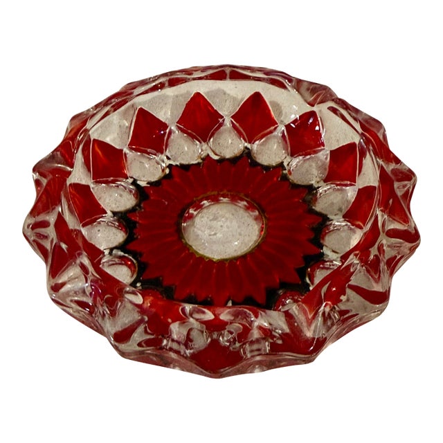Vintage French Ruby Red & Clear Art Glass Ashtray With Dark Green Accent Detailing For Sale
